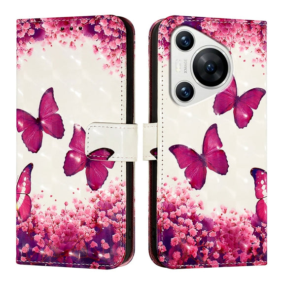 For Huawei Pura 70 3D Painting Horizontal Flip Leather Phone Case(Rose Butterfly)