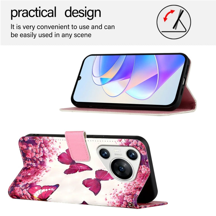 For Huawei Pura 70 3D Painting Horizontal Flip Leather Phone Case(Rose Butterfly)