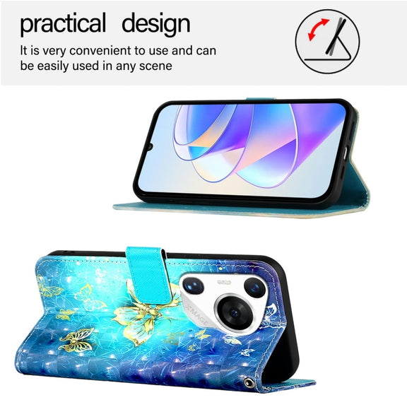 For Huawei Pura 70 Pro 3D Painting Horizontal Flip Leather Phone Case(Golden Butterfly)