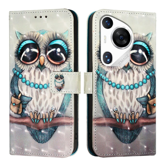 For Huawei Pura 70 Pro 3D Painting Horizontal Flip Leather Phone Case(Grey Owl)