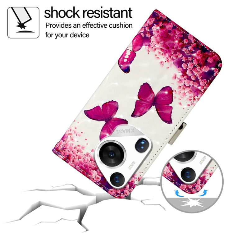 For Huawei Pura 70 Pro 3D Painting Horizontal Flip Leather Phone Case(Rose Butterfly)