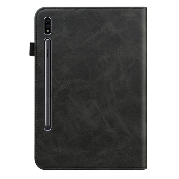 For Samsung Galaxy Tab S7+/S8+/S9+/S9 FE+ Solid Color Stripe Embossed Leather Tablet Case(Black)