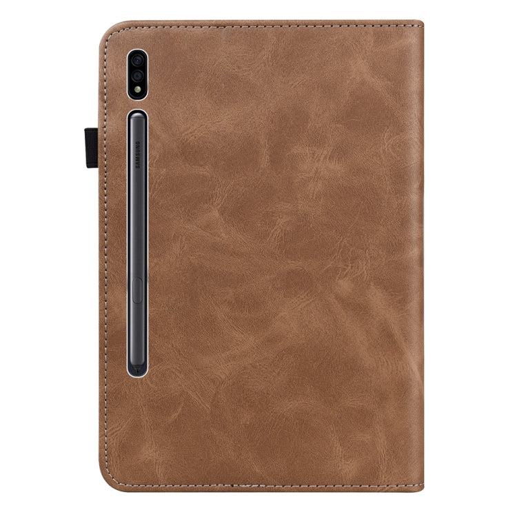 For Samsung Galaxy Tab S7+/S8+/S9+/S9 FE+ Solid Color Stripe Embossed Leather Tablet Case(Brown)