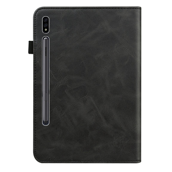 For Samsung Galaxy Tab S7/S8/S9/S9 FE Solid Color Stripe Embossed Leather Tablet Case(Black)