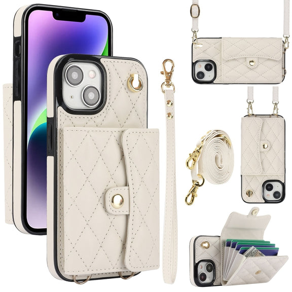 For iPhone 13 mini Crossbody Rhombic Horizontal Wallet Leather Phone Case(White)