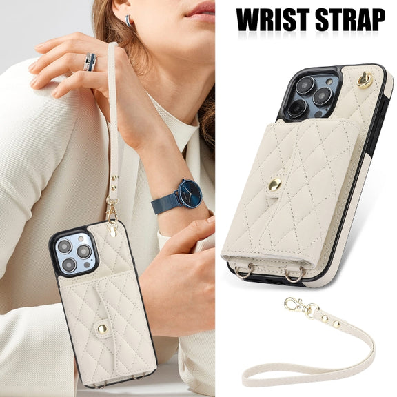 For iPhone 16 Pro Max Crossbody Rhombic Horizontal Wallet Leather Phone Case(White)