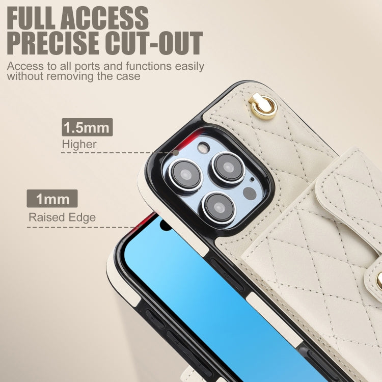 For iPhone 16 Pro Max Crossbody Rhombic Horizontal Wallet Leather Phone Case(White)