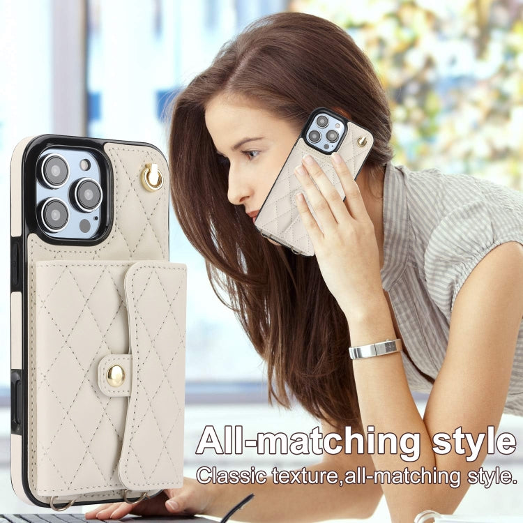 For iPhone 16 Pro Max Crossbody Rhombic Horizontal Wallet Leather Phone Case(White)