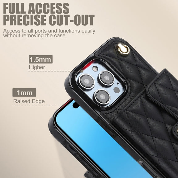 For iPhone 16 Pro Max Crossbody Rhombic Horizontal Wallet Leather Phone Case(Black)