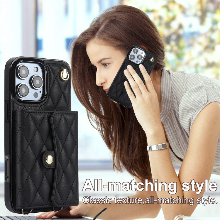 For iPhone 16 Pro Max Crossbody Rhombic Horizontal Wallet Leather Phone Case(Black)