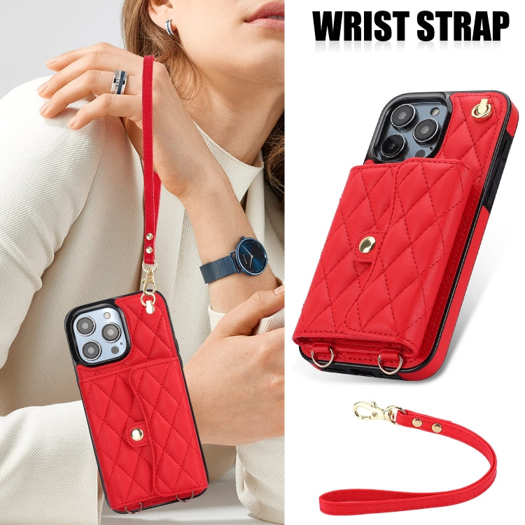 For iPhone 16 Pro Max Crossbody Rhombic Horizontal Wallet Leather Phone Case(Red)