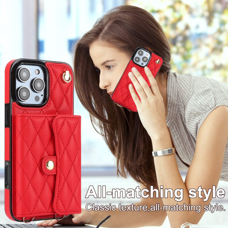 For iPhone 16 Pro Max Crossbody Rhombic Horizontal Wallet Leather Phone Case(Red)