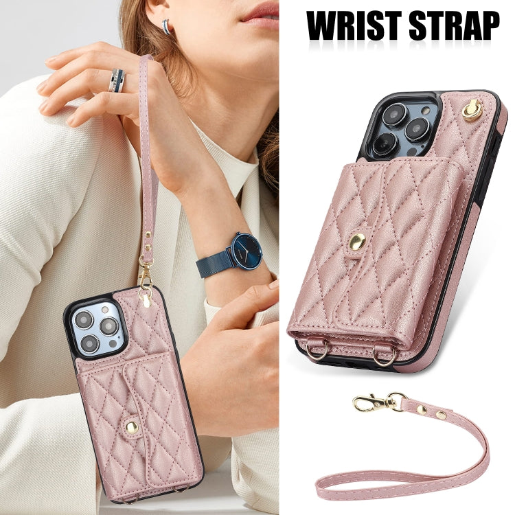 For iPhone 16 Pro Max Crossbody Rhombic Horizontal Wallet Leather Phone Case(Rose Gold)