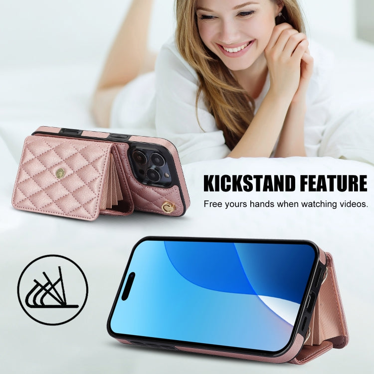 For iPhone 16 Pro Max Crossbody Rhombic Horizontal Wallet Leather Phone Case(Rose Gold)