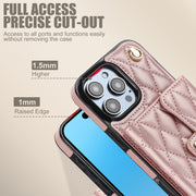 For iPhone 16 Pro Max Crossbody Rhombic Horizontal Wallet Leather Phone Case(Rose Gold)