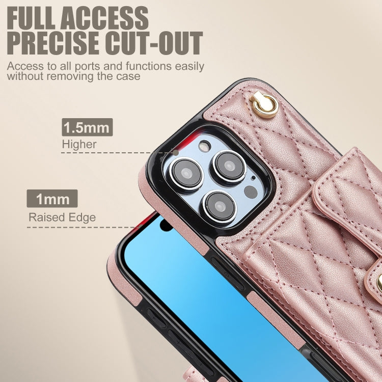 For iPhone 16 Pro Max Crossbody Rhombic Horizontal Wallet Leather Phone Case(Rose Gold)