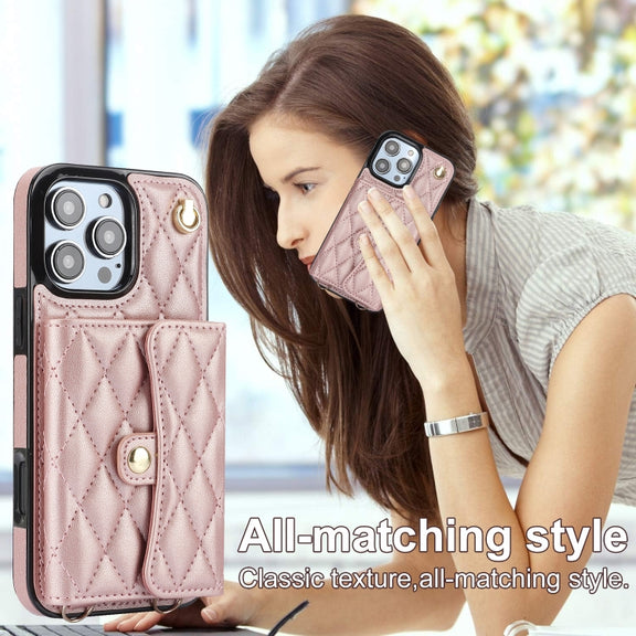 For iPhone 16 Pro Max Crossbody Rhombic Horizontal Wallet Leather Phone Case(Rose Gold)