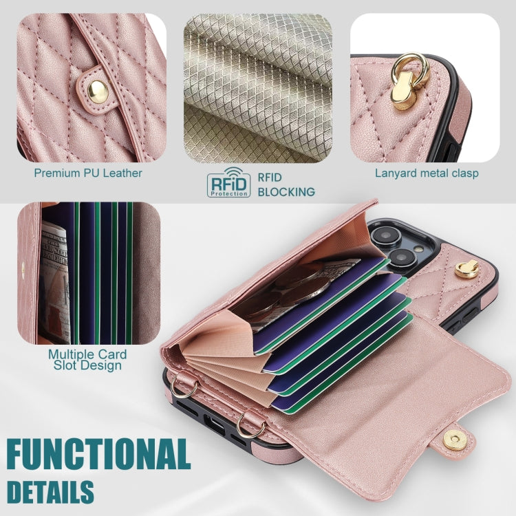 For iPhone 16 Pro Max Crossbody Rhombic Horizontal Wallet Leather Phone Case(Rose Gold)