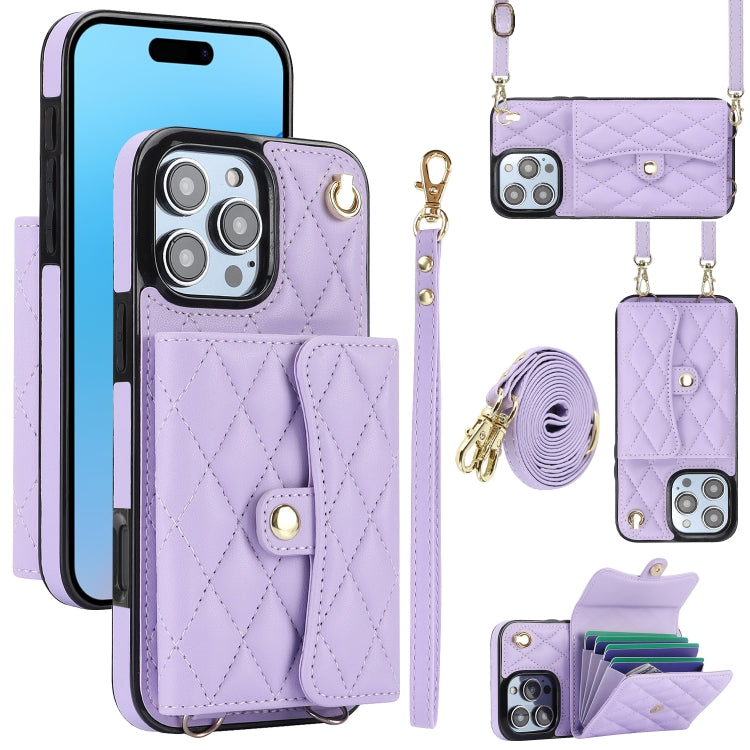 For iPhone 16 Pro Max Crossbody Rhombic Horizontal Wallet Leather Phone Case(Purple)