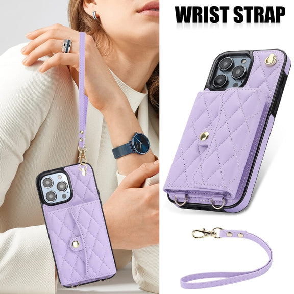 For iPhone 16 Pro Max Crossbody Rhombic Horizontal Wallet Leather Phone Case(Purple)