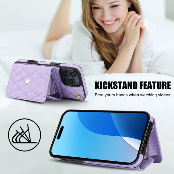 For iPhone 16 Pro Max Crossbody Rhombic Horizontal Wallet Leather Phone Case(Purple)