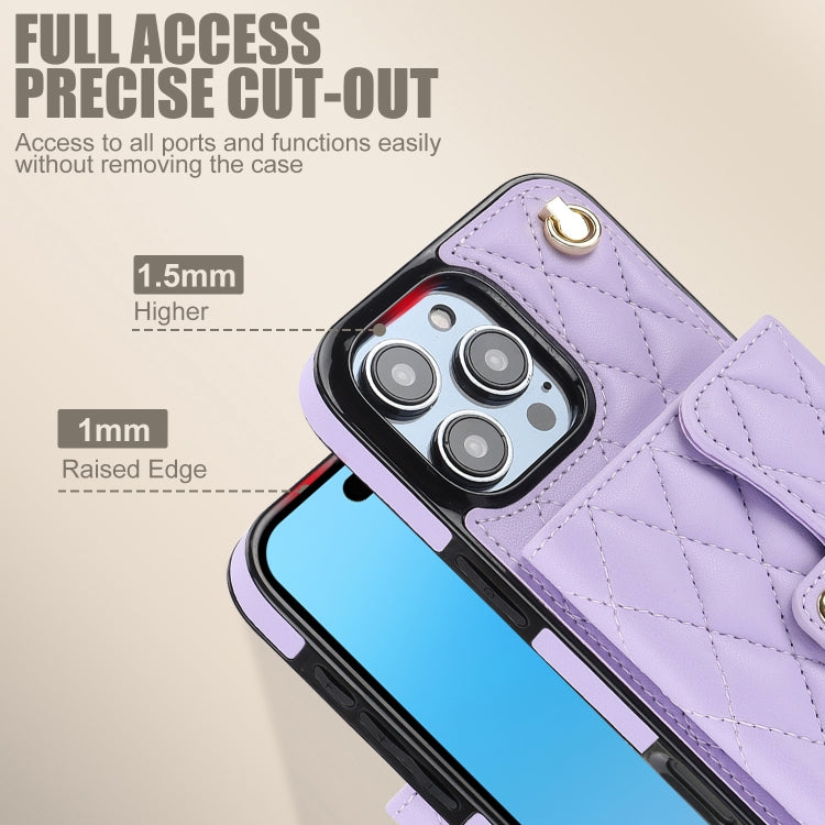 For iPhone 16 Pro Max Crossbody Rhombic Horizontal Wallet Leather Phone Case(Purple)