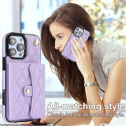 For iPhone 16 Pro Max Crossbody Rhombic Horizontal Wallet Leather Phone Case(Purple)