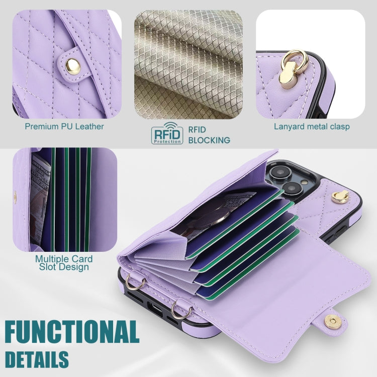 For iPhone 16 Pro Max Crossbody Rhombic Horizontal Wallet Leather Phone Case(Purple)