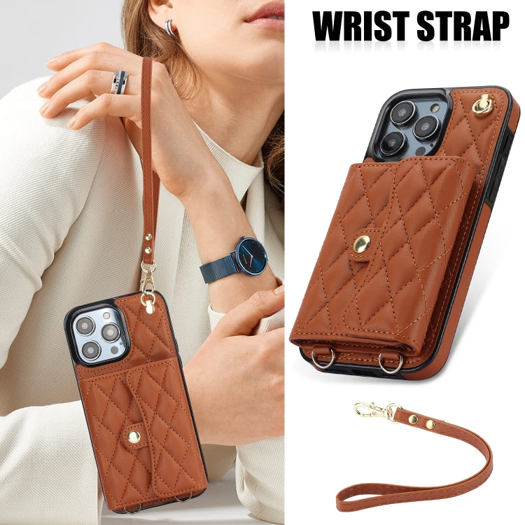 For iPhone 16 Pro Max Crossbody Rhombic Horizontal Wallet Leather Phone Case(Brown)