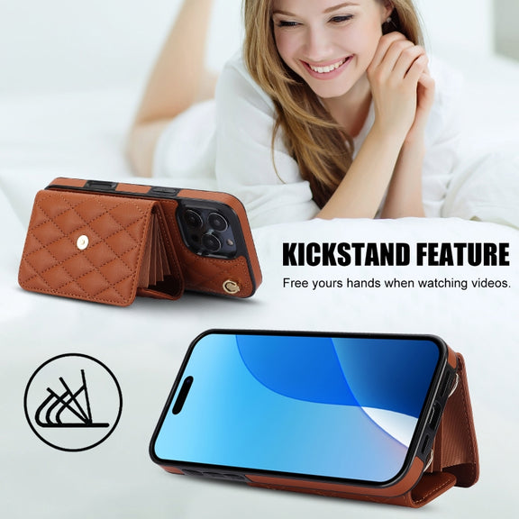 For iPhone 16 Pro Max Crossbody Rhombic Horizontal Wallet Leather Phone Case(Brown)