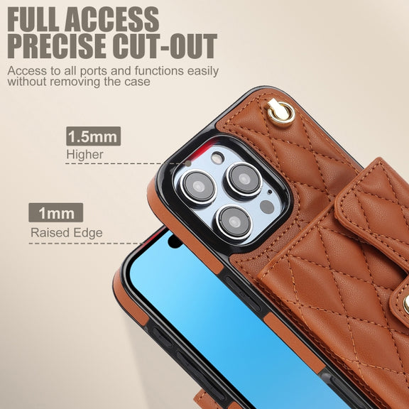 For iPhone 16 Pro Max Crossbody Rhombic Horizontal Wallet Leather Phone Case(Brown)