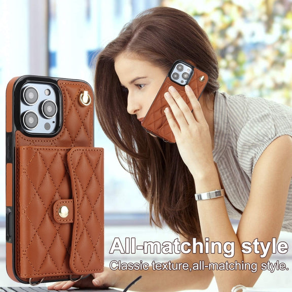 For iPhone 16 Pro Max Crossbody Rhombic Horizontal Wallet Leather Phone Case(Brown)