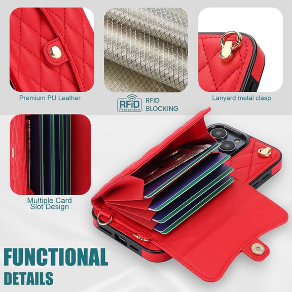 For iPhone 16 Pro Crossbody Rhombic Horizontal Wallet Leather Phone Case(Red)