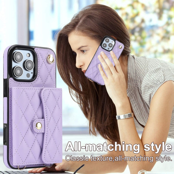For iPhone 16 Pro Crossbody Rhombic Horizontal Wallet Leather Phone Case(Purple)