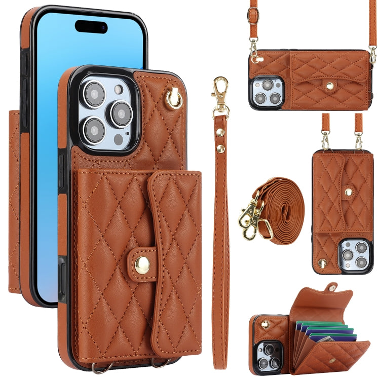 For iPhone 16 Pro Crossbody Rhombic Horizontal Wallet Leather Phone Case(Brown)