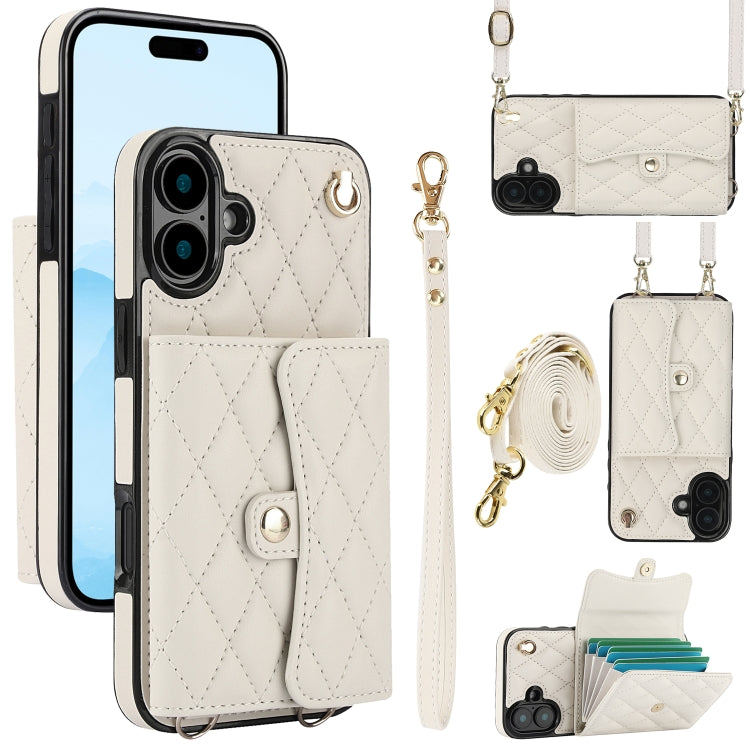 For iPhone 16 Plus Crossbody Rhombic Horizontal Wallet Leather Phone Case(White)