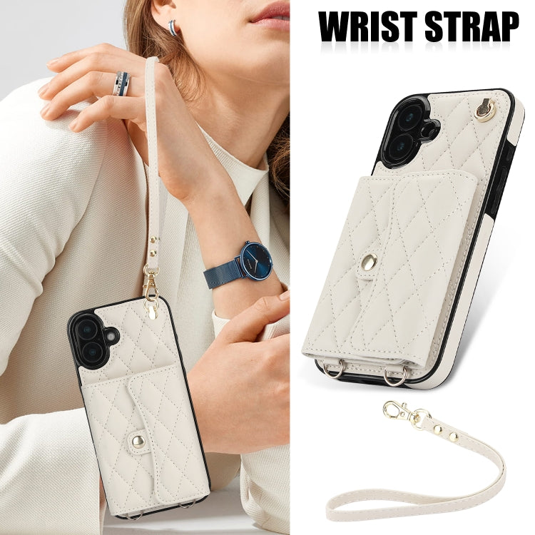 For iPhone 16 Plus Crossbody Rhombic Horizontal Wallet Leather Phone Case(White)