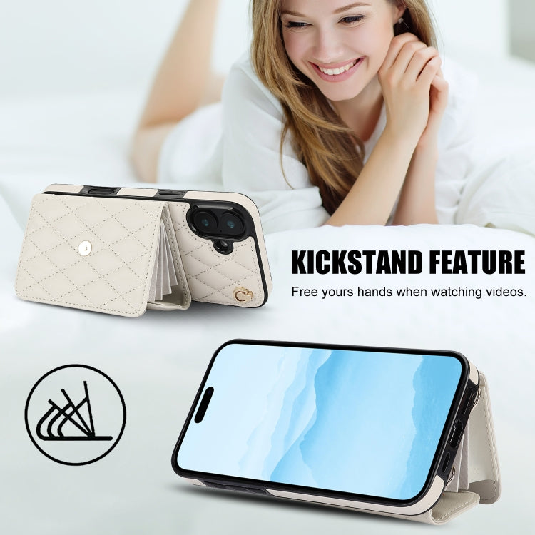 For iPhone 16 Plus Crossbody Rhombic Horizontal Wallet Leather Phone Case(White)