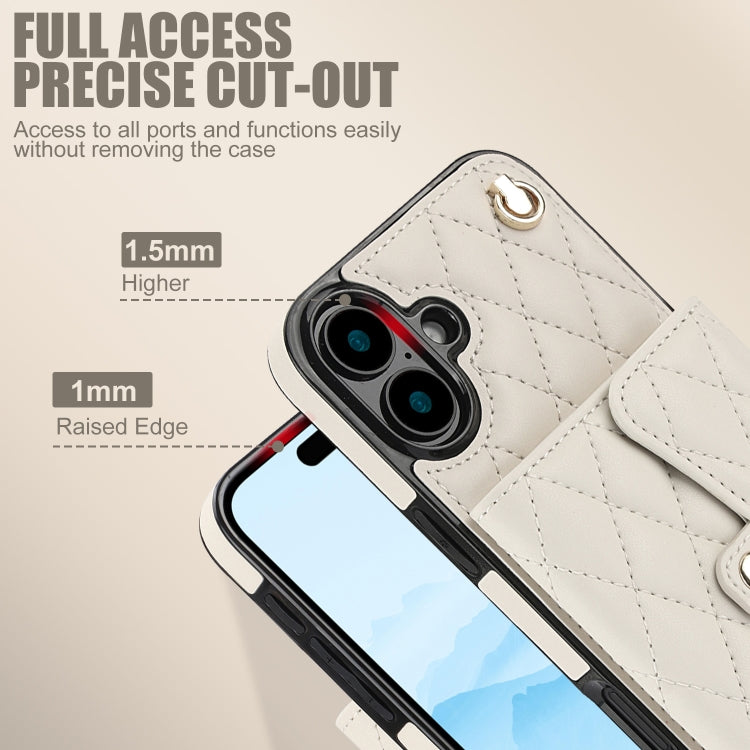 For iPhone 16 Plus Crossbody Rhombic Horizontal Wallet Leather Phone Case(White)