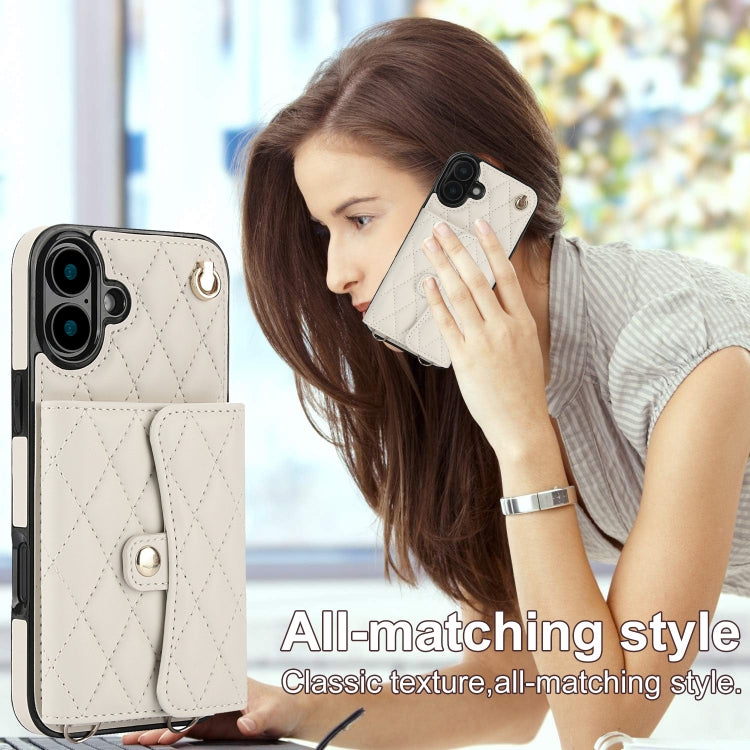 For iPhone 16 Plus Crossbody Rhombic Horizontal Wallet Leather Phone Case(White)