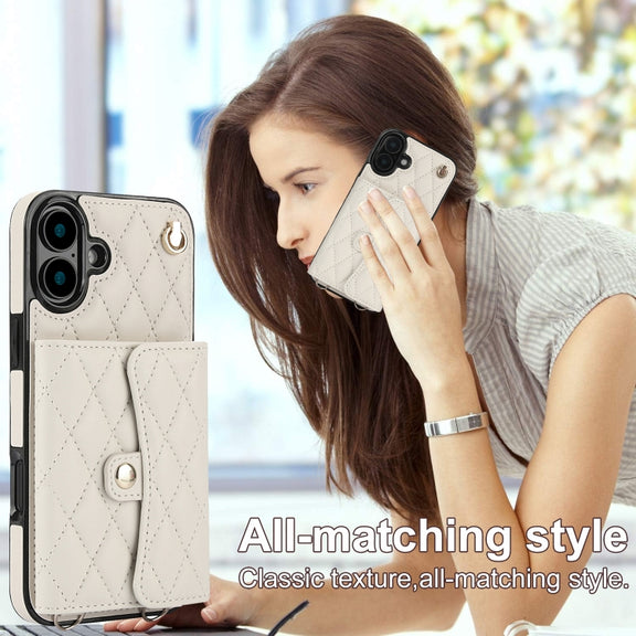 For iPhone 16 Plus Crossbody Rhombic Horizontal Wallet Leather Phone Case(White)