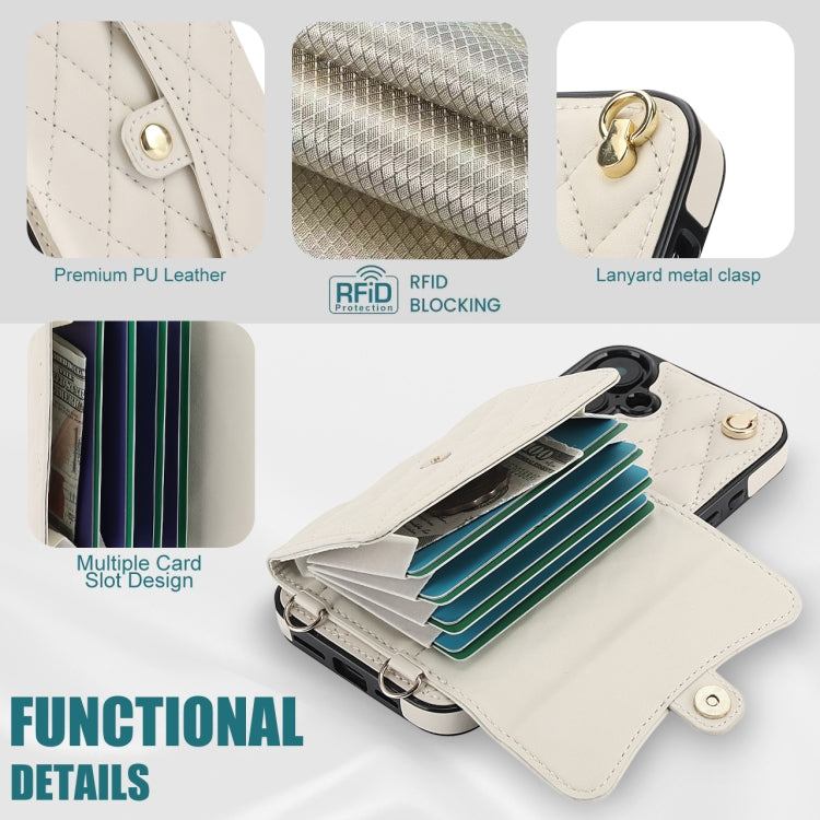 For iPhone 16 Plus Crossbody Rhombic Horizontal Wallet Leather Phone Case(White)