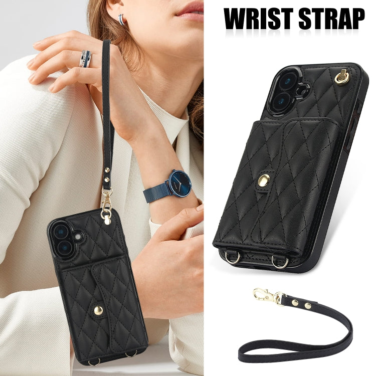 For iPhone 16 Plus Crossbody Rhombic Horizontal Wallet Leather Phone Case(Black)