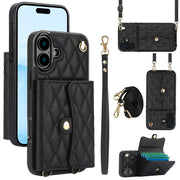For iPhone 16 Plus Crossbody Rhombic Horizontal Wallet Leather Phone Case(Black)