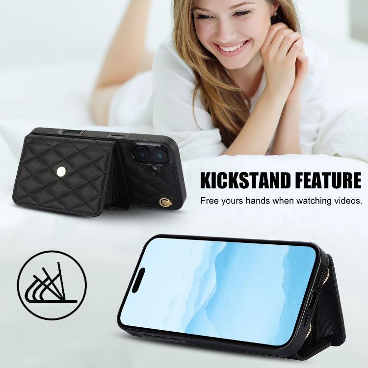 For iPhone 16 Plus Crossbody Rhombic Horizontal Wallet Leather Phone Case(Black)