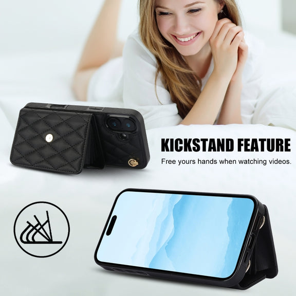 For iPhone 16 Plus Crossbody Rhombic Horizontal Wallet Leather Phone Case(Black)