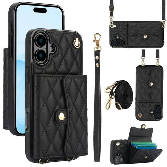 For iPhone 16 Plus Crossbody Rhombic Horizontal Wallet Leather Phone Case(Black)