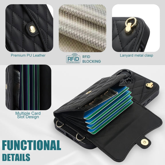 For iPhone 16 Plus Crossbody Rhombic Horizontal Wallet Leather Phone Case(Black)