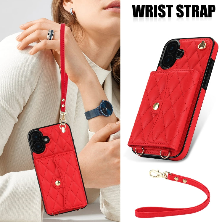 For iPhone 16 Plus Crossbody Rhombic Horizontal Wallet Leather Phone Case(Red)