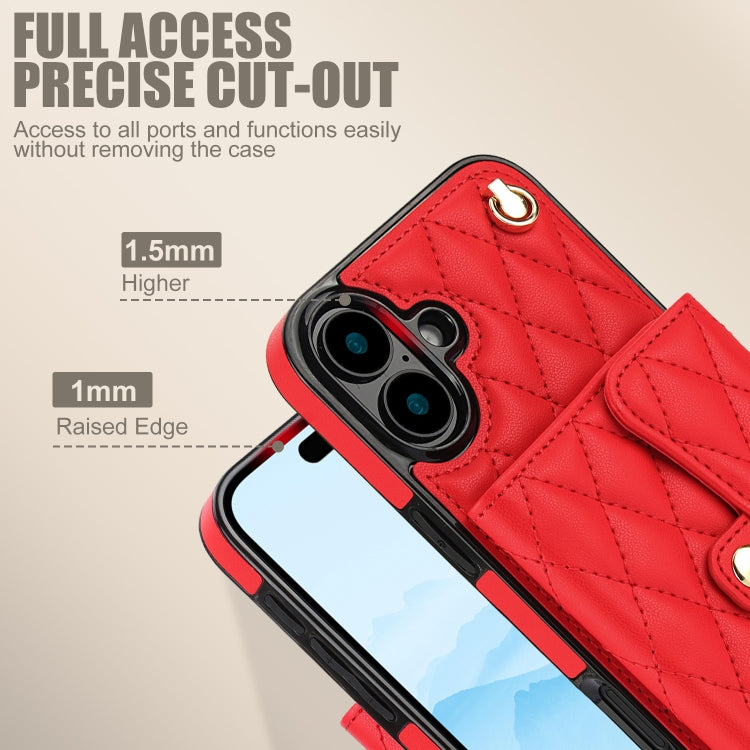 For iPhone 16 Plus Crossbody Rhombic Horizontal Wallet Leather Phone Case(Red)